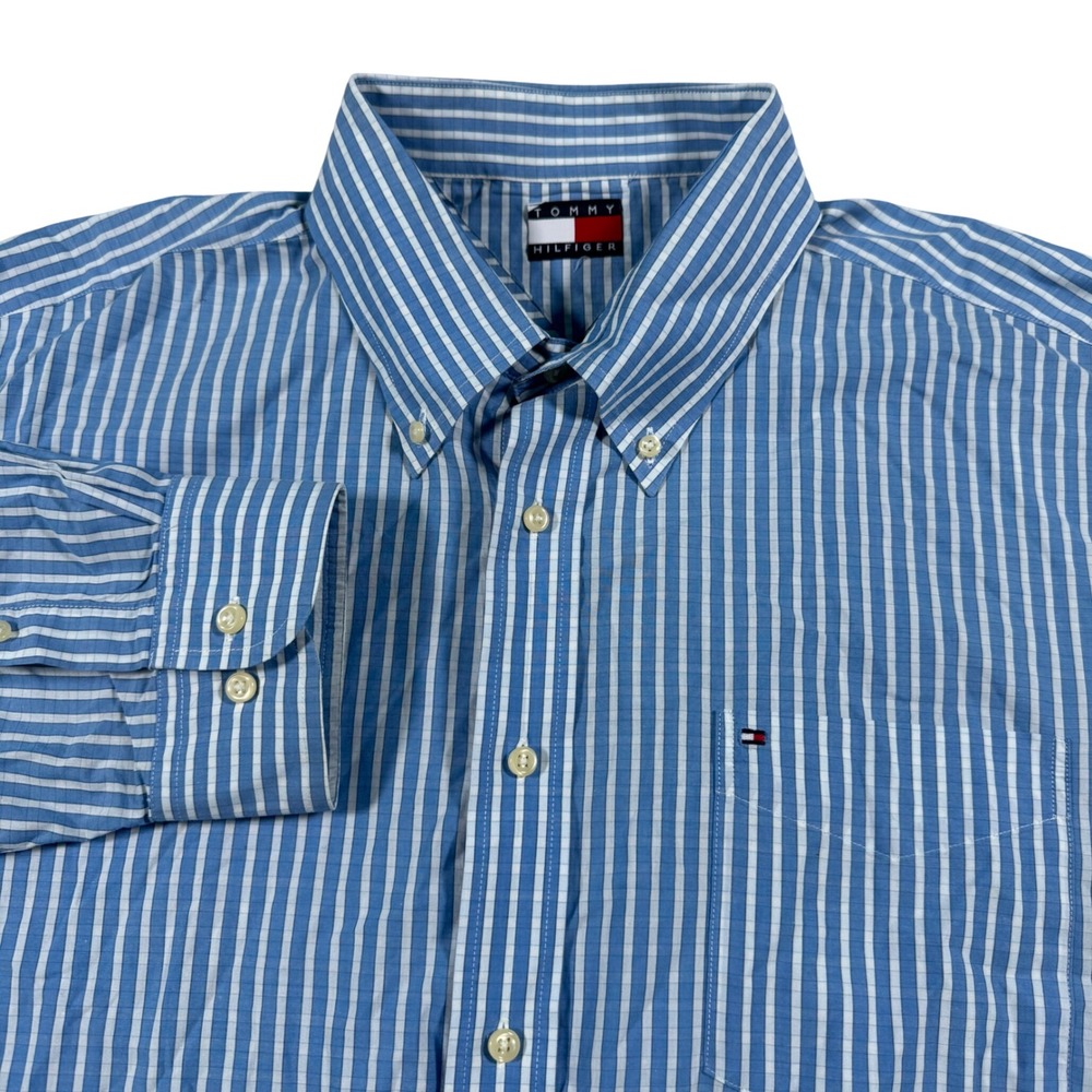 Tommy Hilfiger Button Down Shirt Mens XL Blue White Striped Long Sleeve Preppy